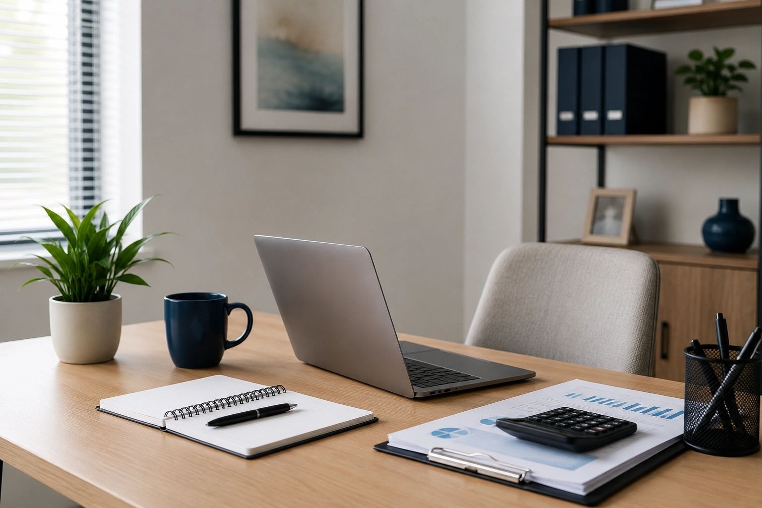 Organized modern office workspace with laptop and financial documents